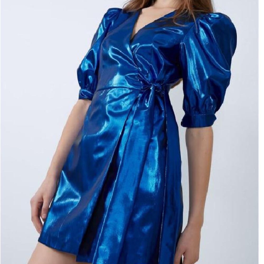 Zara metallic blue puff sleeve mini dress Size L